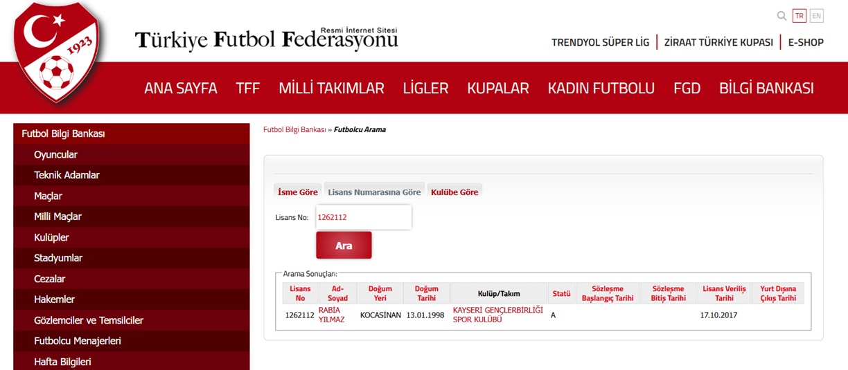 TÜRKİYE FUTBOL FEDERASYONU Lisans (Lisans No: 2529252)